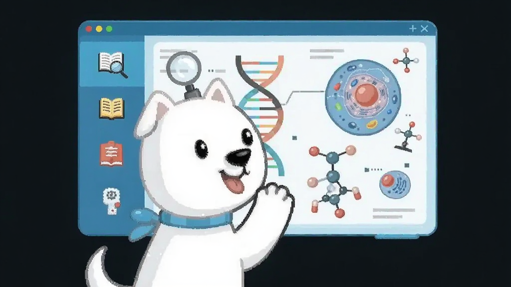 画面主体为一只卡通白色小狗用爪子指向一块悬浮的虚拟屏幕,屏幕上显示着DNA双螺旋结构和细胞图谱,布局为左右分栏,左侧是知识分类图标,右侧是详细内容展示,排版简洁,风格为科技感扁平插画,细节包括放大镜、书本、分子模型等元素,画质清晰,干净,无多余元素