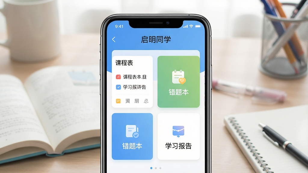 一张展示“启明同学”APP主界面的手机预览图,画面中央是一部智能手机,屏幕显示着简洁明亮的应用程序主页面,顶部有“启明同学”字样,界面包含课程表、错题本、学习报告等功能卡片,背景是柔和的书桌场景,有书本和文具点缀,整体风格清新现代,画质清晰,干净无多余元素