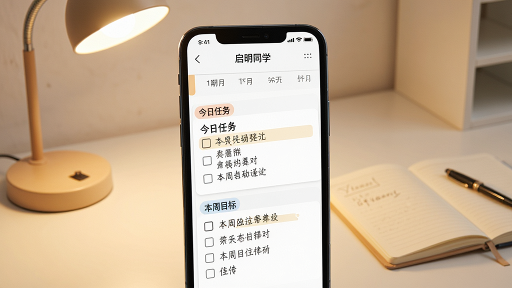 一张展示“启明同学”学习计划界面的手机效果图,画面中手机屏幕显示日历视图和任务清单,有“今日任务”、“本周目标”等标签,任务项前有复选框,背景是干净的书桌,有台灯和笔记本,风格温馨,画质清晰,无多余元素