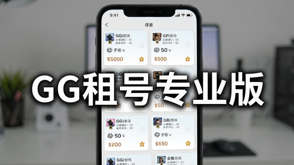 一张展示GG租号专业版账号列表页面的图片,画面中手机屏幕显示多个游戏账号卡片,每个卡片包含游戏名称、区服、段位、价格等信息,界面采用卡片式布局,配色清新,背景简洁,画质清晰,图片中打文字“GG租号专业版”