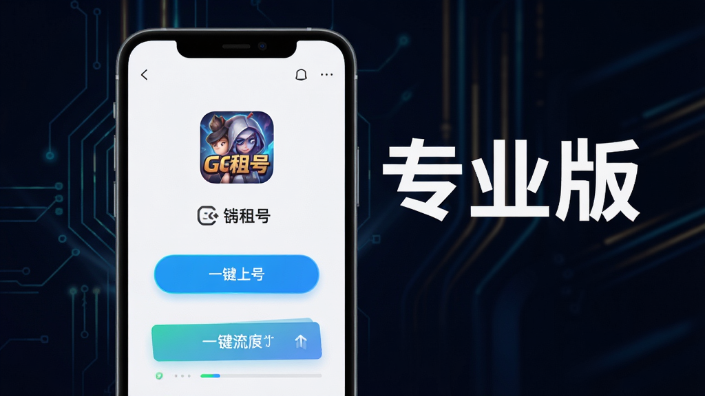 一张展示GG租号专业版上号流程的图片,画面中手机屏幕显示一键上号界面,包含游戏图标、上号按钮和进度提示,界面设计简洁,按钮醒目,背景为深色渐变,整体风格科技感强,画质清晰干净,图片中打文字“GG租号专业版”