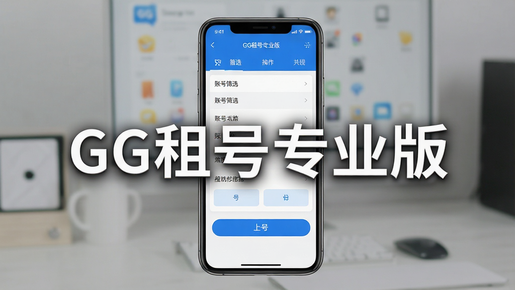 一张展示GG租号专业版移动端操作界面的图片,画面中手机屏幕显示账号筛选页面和上号按钮,界面布局清晰,配色以蓝白为主,背景简洁,画质清晰干净,无多余元素,图片中打文字“GG租号专业版”