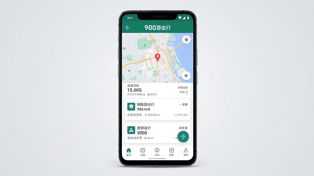 一张展示900游出行司机端应用界面的手机样机图,主体为一部竖屏安卓手机,屏幕显示900游出行App的接单大厅页面,包含地图、订单卡片和底部导航栏,布局居中,背景为浅灰色渐变,风格简洁现代,细节上突出订单信息和导航按钮,画质清晰,干净,无多余元素