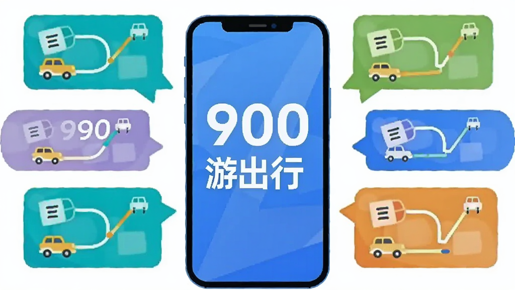 一幅AI生成的科技感插图,画面中央是一部智能手机,屏幕中显示“900游出行”字样和多个订单气泡从四面八方汇聚到手机屏幕内,主体突出手机与订单流,布局对称,风格扁平化插画,细节上气泡带有小车图标和路线线条,画质清晰,干净,无多余元素
