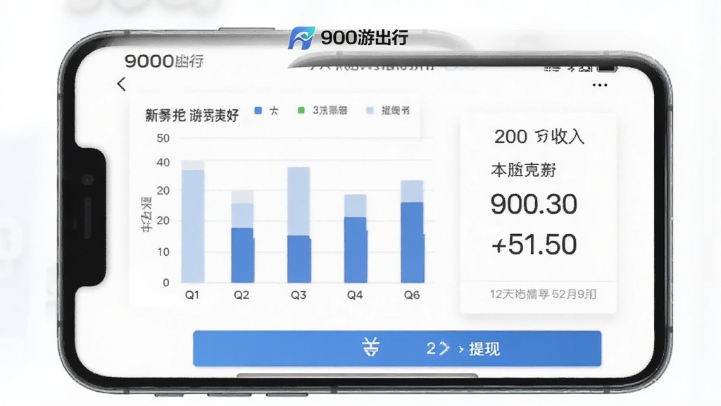 一幅展示900游出行收入统计页面的手机样机图,主体为手机屏幕显示柱状图和收入数字,布局居中,风格简约商务,细节上包含“900游出行”Logo和提现按钮,画质清晰,干净,无多余元素