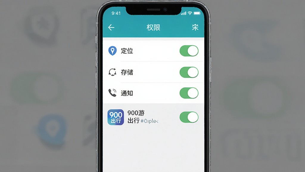 一张展示手机安装应用时权限设置界面的示意图,主体为手机屏幕显示权限管理列表,包含定位、存储、通知等开关按钮,布局居中,风格简洁明了,细节上突出“始终允许”选项和900游出行图标,画质清晰,干净,无多余元素