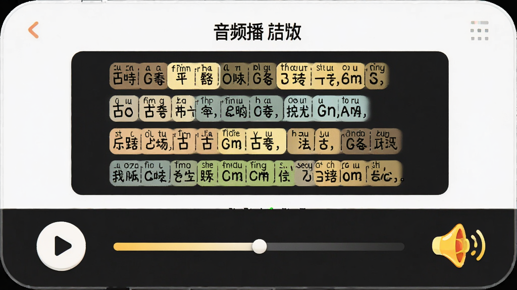 儿童古诗拼音版音频播放界面,主体为播放器控制面板与古诗文本对照展示,布局为上下结构,排版简洁,风格为现代儿童教育UI风,细节包括播放按钮、进度条、逐句高亮效果、卡通小喇叭图标,画质高清,干净,无多余元素