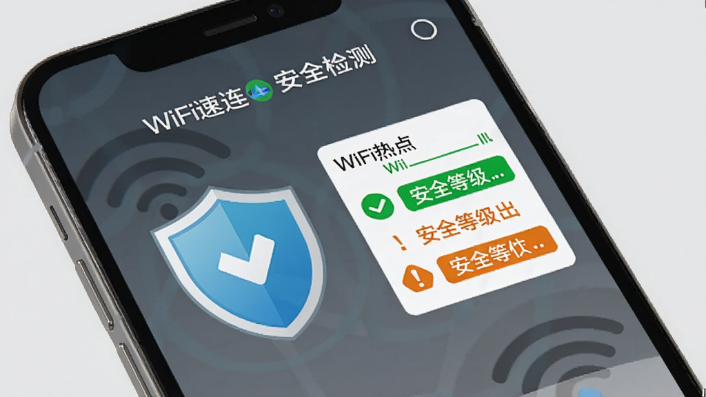 一张展示万能WiFi速连安全检测功能的界面图,画面中央是手机屏幕,屏幕上显示一个盾牌形状的安全图标,盾牌旁边列出WiFi热点的安全等级标签,背景为浅灰色,风格为简约安全主题,细节包括绿色安全标识和橙色警告标识的对比,画质清晰,干净,无多余元素。