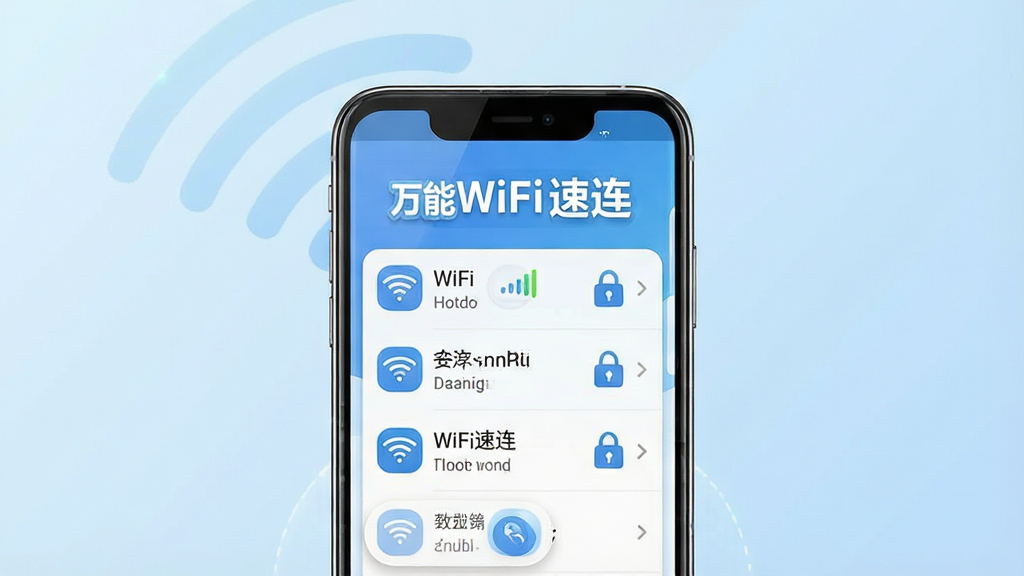 一张展示万能WiFi速连手机应用主界面的预览图,画面中央是一部竖屏安卓手机,手机屏幕上显示WiFi热点列表,列表顶部有醒目的万能WiFi速连文字标识,热点名称旁标注信号强度图标与安全锁图标,背景是简洁的浅蓝色渐变,风格为清爽科技风,细节包括手机边框高光、界面按钮圆角处理,画质清晰,干净,无多余元素。