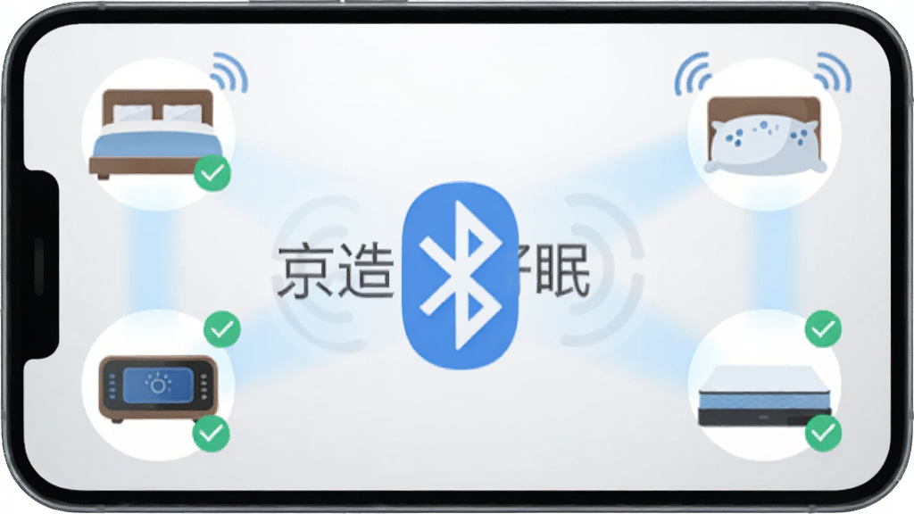 手机屏幕显示蓝牙搜索动画,周围环绕智能床、智能枕、智能床垫三个设备图标,图标之间有淡蓝色连接光线,背景为浅灰色渐变,画面中央有