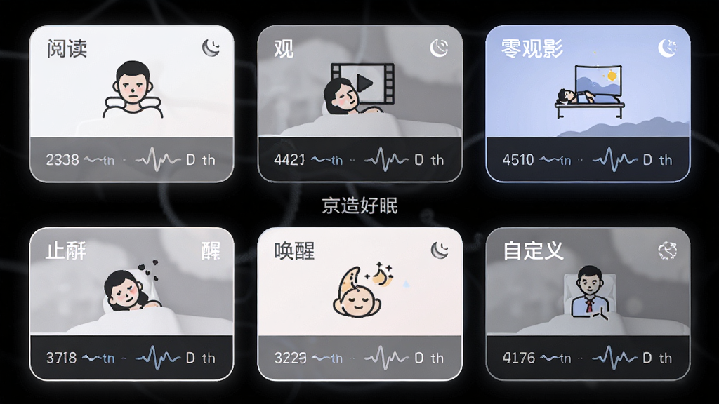 手机界面排列六张场景模式卡片,分别标注阅读、观影、零重力、止鼾、唤醒、自定义,每张卡片配有对应简笔画图标,背景为深色模式,卡片边缘有微光,画面中央有