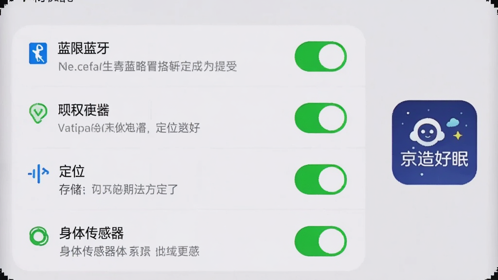 手机屏幕显示权限设置页面,蓝牙、定位、存储、身体传感器四项权限开关均为开启状态,背景为浅色设置界面,画面右侧有