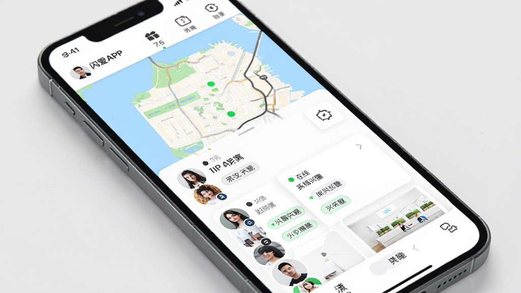 一张展示闪爱APP附近的人功能界面图片,主体为手机屏幕地图与用户头像列表,布局为上方地图下方卡片,排版错落有致,风格为现代社交应用,细节包括距离显示、在线状态绿点、兴趣标签,画质高清,干净,无多余元素