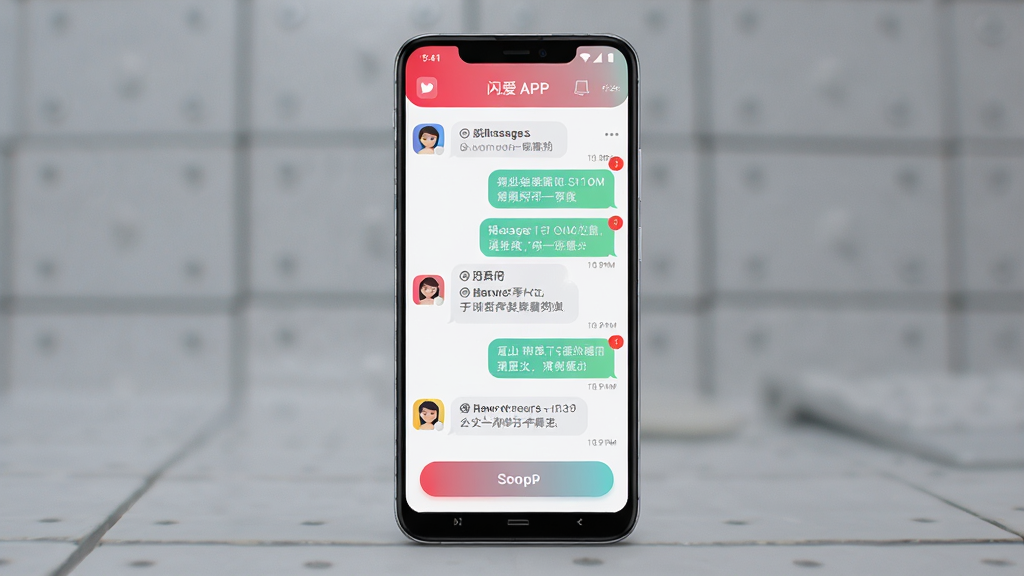 一张展示手机社交聊天界面的高清图片,画面中央是一部竖屏安卓手机,屏幕显示闪爱APP的聊天列表与消息气泡,主体为手机与界面,布局居中,排版简洁,风格为现代科技感UI展示,细节包括圆角图标、渐变按钮、消息通知红点,画质为高清1080P,干净,无多余元素