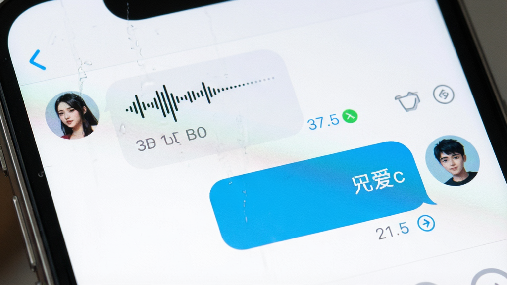 一张闪爱APP聊天界面特写图,主体为手机屏幕上的对话气泡,布局为上下排列,排版左侧对方消息右侧自己消息,风格为清新社交UI,细节包括语音波形图标、时间戳、已读标记,画质高清,干净,无多余元素