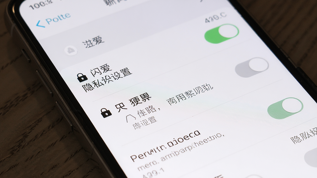 一张展示闪爱APP隐私设置页面的图片,主体为手机屏幕上的设置选项列表,布局为纵向排列,排版清晰,风格为简洁工具风,细节包括开关按钮、锁形图标、权限说明文字,画质高清,干净,无多余元素