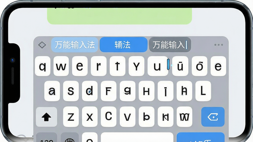 一张手机屏幕正面展示图,画面中央是“万能输入法”的虚拟键盘界面,上方显示候选词栏,键盘布局清晰,配色为白灰蓝清爽风格,背景是浅色聊天对话框,整体排版居中,风格简洁现代,细节包括按键圆角、候选词高亮、光标闪烁,画质高清干净无多余元素