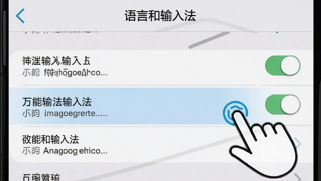 一张手机设置界面操作示意图,画面展示“语言和输入法”设置页面,万能输入法选项被高亮选中,旁边有手指点击图标,背景为浅灰色系统设置界面,风格简洁直观,细节包括开关按钮、选项列表、提示文字,画质清晰干净,排版规整无多余元素