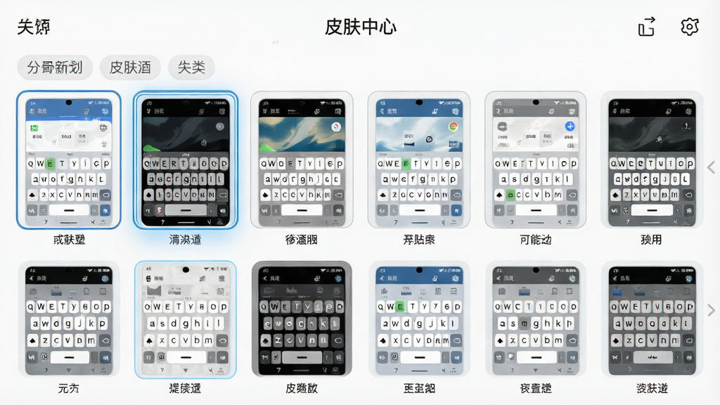一张手机输入法皮肤设置界面图,画面展示多个键盘皮肤缩略图排列成网格状,每个缩略图下方有皮肤名称,界面顶部有“皮肤中心”字样,风格清新浅色,细节包括皮肤预览、选中高亮边框、分类标签,画质高清干净,排版整齐无多余元素