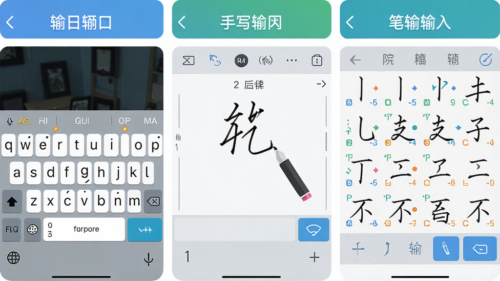 一张手机输入法功能展示图,画面中并排展示拼音键盘、手写输入区域、笔画输入面板三个模块,每个模块上方标注对应输入方式,整体布局为三列排版,风格扁平化,细节包括键盘按键、手写笔迹、笔画顺序提示,画质清晰干净,无多余装饰元素