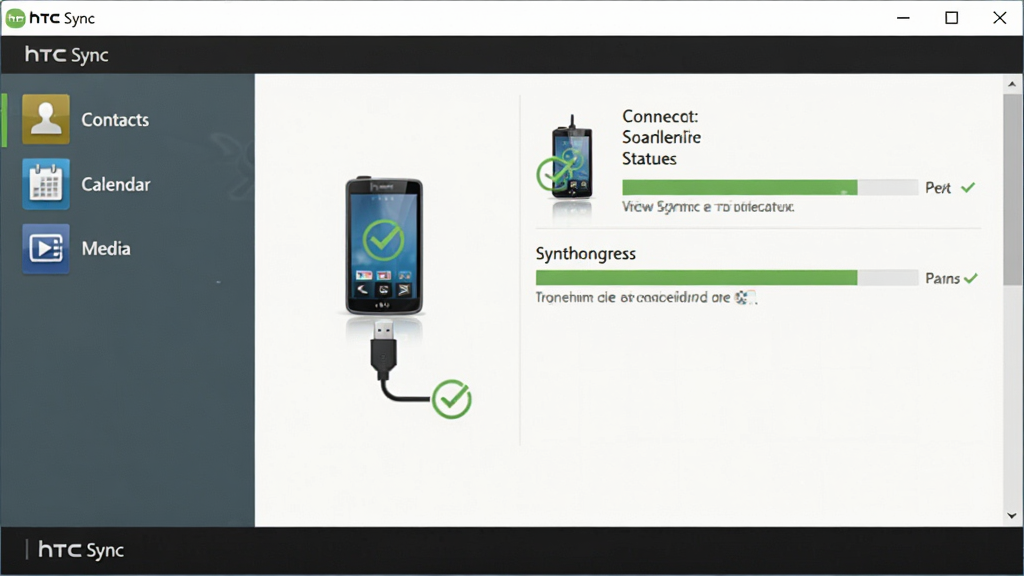 һ��չʾ HTC Sync ���������ͼƬ�������ǵ�����Ļ����ʾ�� HTC Sync �����ڣ��������������Ϊ���ܵ�����������ϵ�ˡ�������ý���ͼ�꣬�Ҳ�Ϊ�豸����״̬��ͬ������չʾ���Ű���ֱ�ۣ����Ϊ�ִ��Ƽ��У�ϸ�ڰ����ֻ������ͨ�� USB �����ӵ�ͼ�ꡢ��ɫ��ͬ����ɶԹ��������������ɾ����޶���Ԫ��