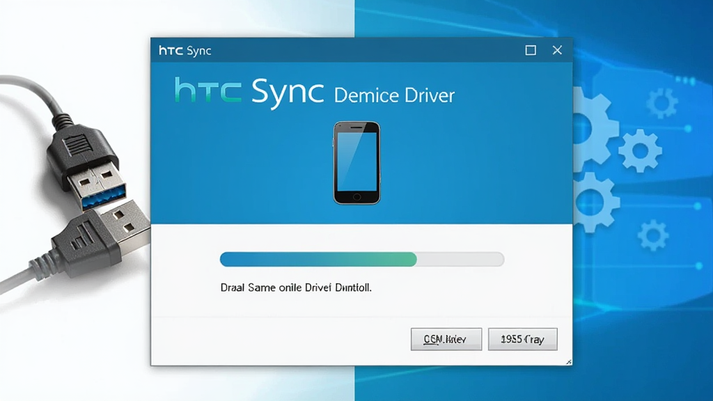 һ��չʾ HTC Sync �豸������װ���ܵ�ͼƬ�������ǵ�����Ļ�ϵ���������װ�򵼴��ڣ���������Ϊ���������ֻ�ͼ�꣬�Ű��࣬���Ϊ�Ƽ�������ϸ�ڰ��� USB �ӿںͳ���ͼ�꣬�����������ɾ����޶���Ԫ��