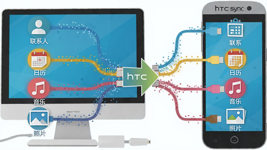 һ��չʾ HTC Sync ȫ������ͬ�����ܵ�ͼƬ�������ǵ������ֻ���Ļ֮���ж�����ɫ���������ӣ��ֱ��ע����ϵ�ˡ��������������֡�����Ƭ����ͼ�꣬�������ҶԳƣ��Ű��м�Ϊͬ����ͷ�����Ϊ��ƽ���廭��ϸ�ڰ�����������������Ч���������������ɾ����޶���Ԫ��