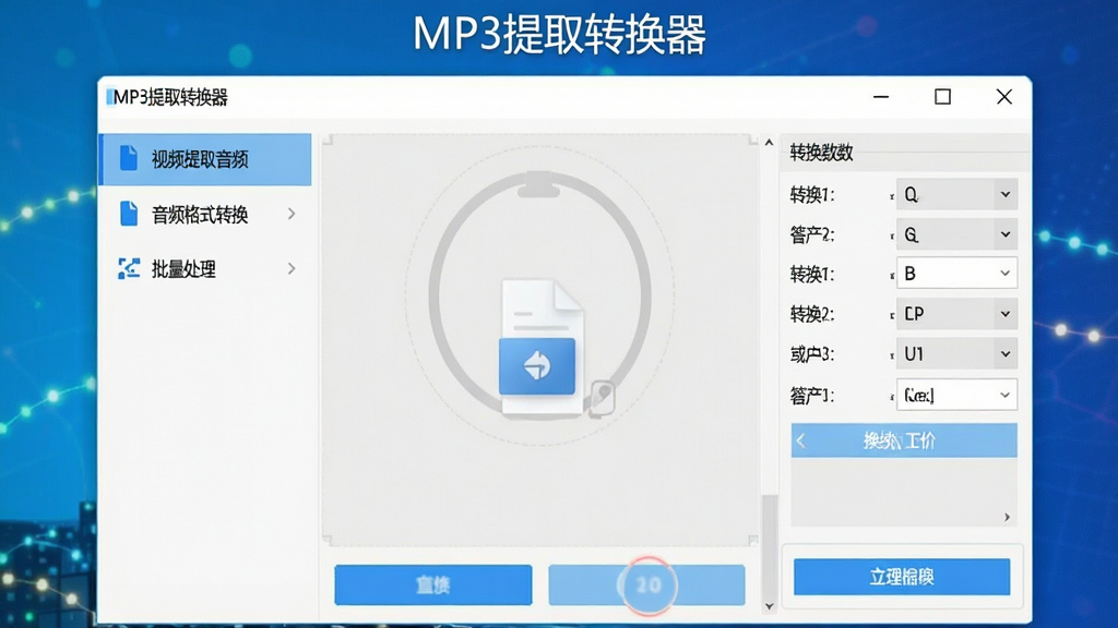 MP3��ȡת���������������ͼ�������������������ڣ������ʾ���ܲ˵���������Ƶ��ȡ��Ƶ����Ƶ��ʽת��������������ѡ��Ҳ����ļ���ק�����ת������������壬���������ִ�������ǳɫ���������ɫ������ť����Ļ�Ϸ���ʾ�������ơ�MP3��ȡת�����������岼�����������ʸɾ����޶���Ԫ�أ��ʺ���������վչʾ