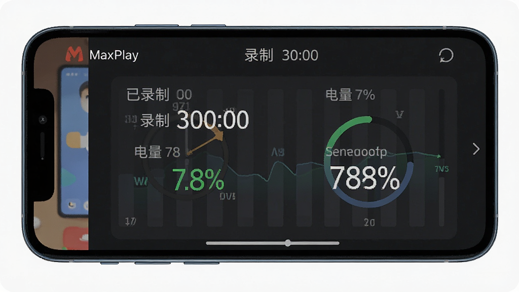 һ��չʾ MaxPlay ��ʱ��¼���ȶ��Բ��Գ�����ʾ��ͼ������Ϊ�ֻ���Ļ��ʾ¼��ʱ��������ٷֱȣ�����Ϊ���½ṹ�����Ϊ���ݿ��ӻ���壬ϸ�ڰ�������¼�� 30:00�������� 78%�������֣������������ɾ����޶���Ԫ��