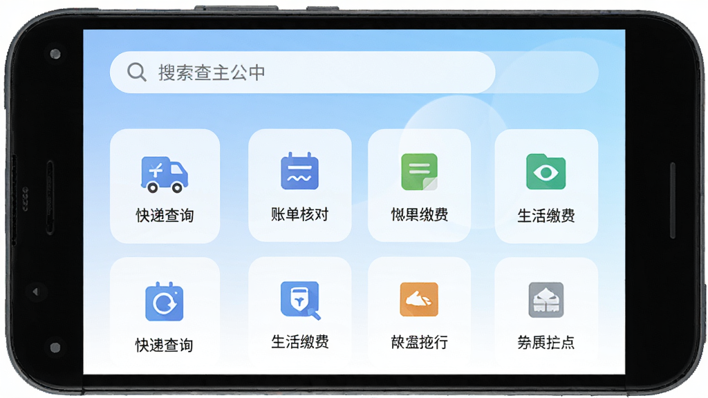 ���鱴����������չʾ������Ϊһ����׿�ֻ�����Ļ������ʾ���鱴Ӧ����ҳ������Ϊ�������в�Ϊ����ͼ�����񣬰�����ݲ�ѯ���˵��˶ԡ�����ɷѵ���ڣ�����Ϊǳ������ɫ�Ľ��䣬���岼�ּ�����������Ϊ�ִ���ƽ��UI��ƣ�ϸ����ͼ��Բ���������������ʸ���ɾ����޶���Ԫ��