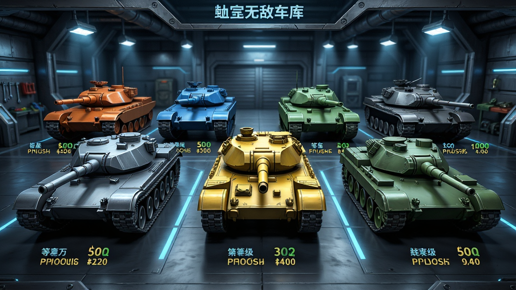 坦克无敌坦克车库界面,展示多辆不同颜色和型号的坦克整齐排列,每辆坦克下方显示等级和战斗力数值,界面风格为科技感十足的金属质感,背景有车库灯光效果,画质高清,干净无多余元素