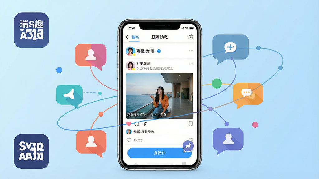 һ��չʾ��ȤAppƷ�����������ͼ�������������һ�������ֻ����ֻ���Ļ����ʾ��ȤApp���罻��̬���棬�����а����û�ͷ�񡢶�̬ͼƬ�ͻ�����ť���ֻ���Χ�����Ų�ɫ���ݺ������ߣ������罻�������ӣ�����Ϊǳ��ɫ���䣬���Ϊ�ִ���ƽ���Ƽ��磬ϸ����ͻ��Appͼ��͡���Ȥ�����֣����ʸ��壬�ɾ����޶���Ԫ��