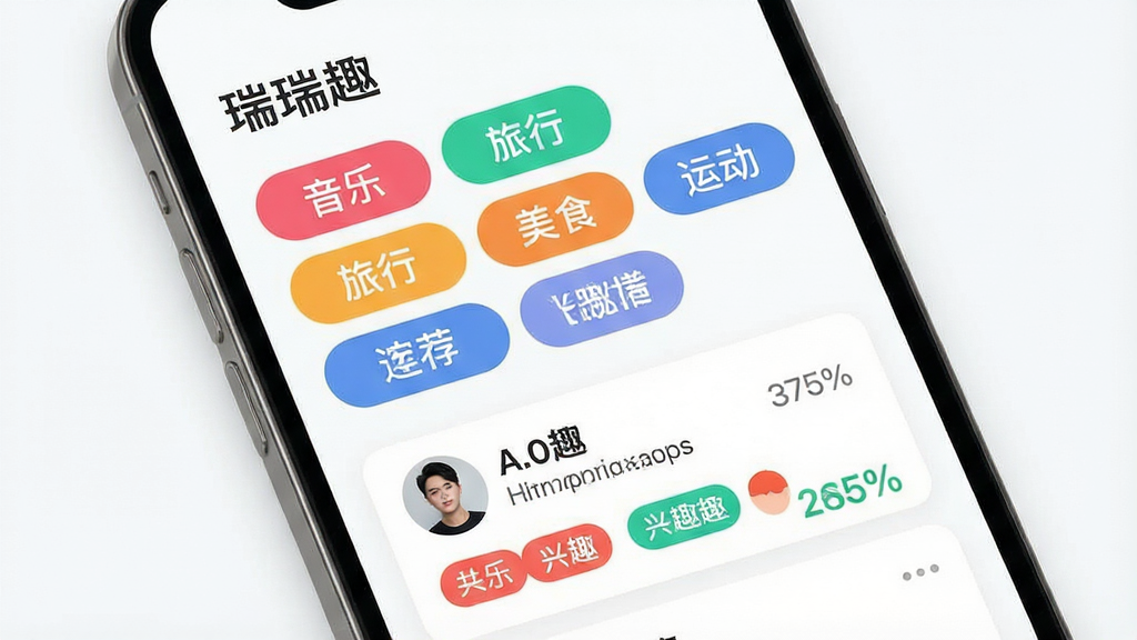 һ��չʾ��ȤApp��Ȥƥ�书�ܵĽ����ͼ���ͼ����������Ϊ�ֻ���Ļ����Ļ����ʾ�����Ȥ��ǩ�����֡����С���ʳ���˶��ȣ���ǩ�Բ�ɫԲ�Ǿ������У��·�չʾ�Ƽ��û���Ƭ����Ƭ����ͷ��͹�ͬ��Ȥ��ǩ������Ϊ��ɫ�����ϸ����ͻ������Ȥ��App���ƺ�ƥ��Ȱٷֱȣ����ʸ��壬�ɾ����޶���Ԫ��