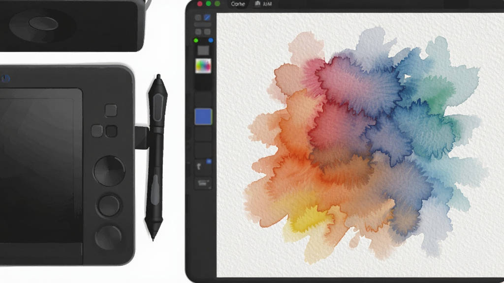 һ�� Corel Painter ��ʵ�ʴ������ʾ��ͼ�������������λ���ѹ�бʣ��Ҳ�����Ļ�ϳ��ֵ�ˮ����ȾЧ����ɫ����Ȼ���ɣ�ֽ�����������ɼ������дʵ�����������ɾ����޶���Ԫ��