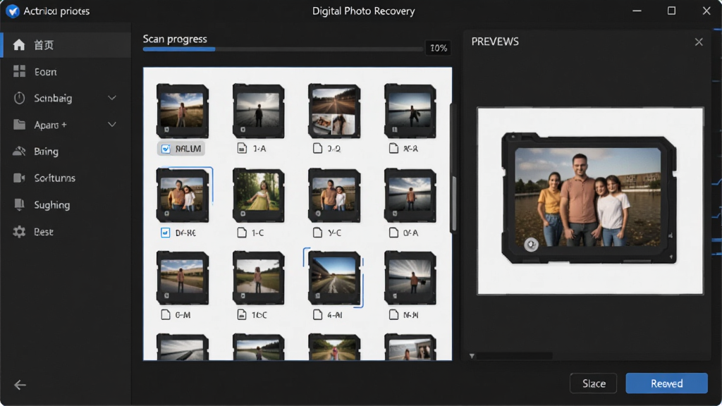 Digital Photo Recovery ����������ȫòչʾ������Ϊ��ɫ�Ƽ��жԻ���������ʾ����ɨ��洢������Ƭ����ͼ���񣬲��ֲ�����๦�ܵ��������Ҳ�Ԥ�����ľ�����ƣ��Ű��������򣬷��Ϊ�ִ���Լ������UI���棬ϸ�ڰ������������ļ�����ͼ�ꡢ�ָ���ť�������������ɾ����޶���Ԫ�ء�