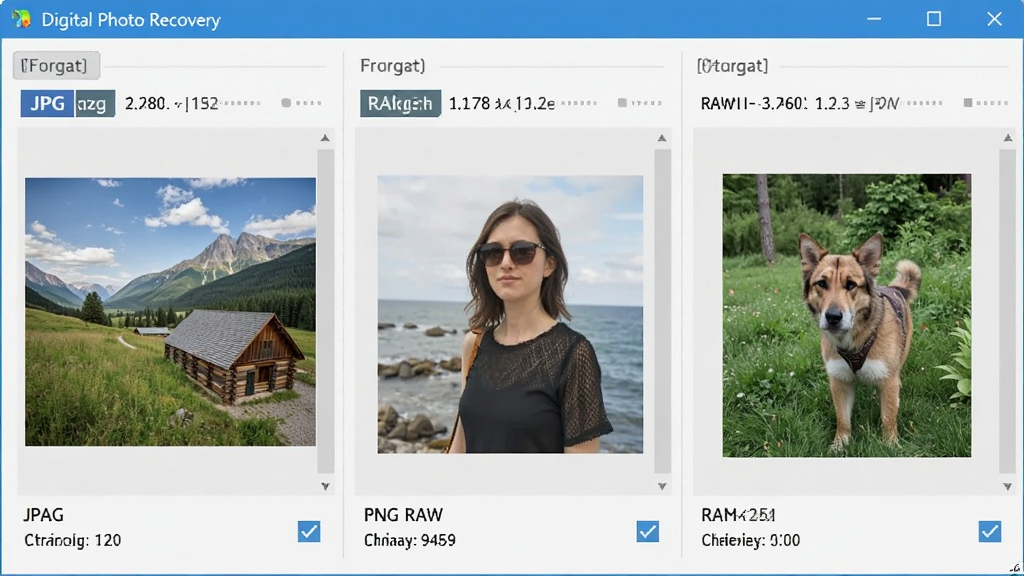 Digital Photo Recovery ���ʽԤ������չʾͼ������Ϊ��������ͬʱ��ʾJPG��PNG��RAW���ֲ�ͬ��ʽ����Ƭ����ͼ�����ֲ������в��ŶԱ�չʾ���Ű�����ֱ�ۣ����Ϊ��ƽ��������ͼ���ϸ�ڰ�����ʽ��ǩ���ļ���С��Ϣ��Ԥ����ѡ�򣬻����������ɾ����޶���Ԫ�ء�