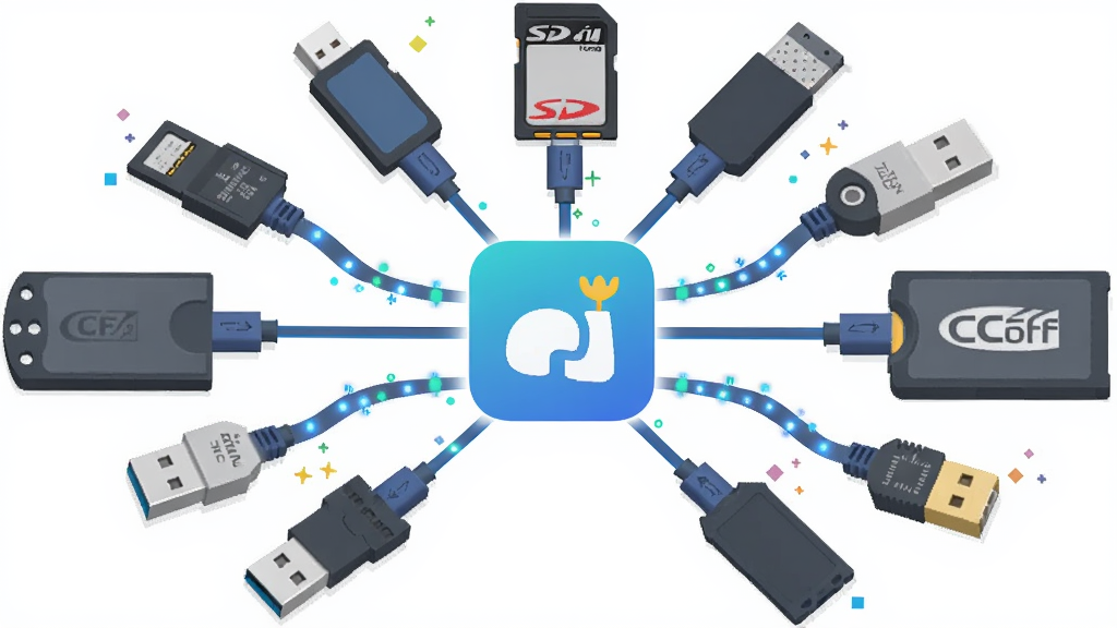 Digital Photo Recovery �豸����ʾ��ͼ������Ϊ����ͼ����SD����U�̡��ƶ�Ӳ�̡�CF���ȶ��ִ洢�豸ͨ��������������һ�𣬲��ֲ������ķ���״���У��Ű��������ã����Ϊ��ƽ���廭�磬ϸ�ڰ����豸�ӿڡ������ߡ�����������㣬�������£��ɾ����޶���Ԫ�ء�