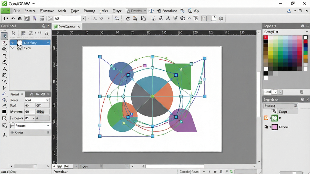 һ��չʾCorelDRAW���������ȫ��ͼ�����������Ǵ򿪵���ƹ����������Ϊ���������Ҳ�Ϊ��ɫ���벴�봰����������չʾһ�����ڻ��Ƶ�ʸ���廭����������ͼ��������·������Χ�����ű��������߽ڵ�������ֱ������岼���������Ű�ʺ�����������Ϊ�ִ���ƽ���Ƽ��У�ϸ�ڰ���ͼ�������塢������������ʸ���ڵ���������ʸɾ��������޶���Ԫ��