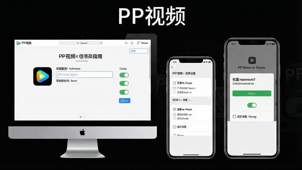 һ��չʾPP��Ƶʹ��ָ�ϵ���ͼ������Ϊ���Ժ��ֻ�����չʾPP��Ƶ��װ�����ý��棬����Ϊ�����Զ˰�װ·��ѡ����桢�Ҳ��ֻ���Ȩ�����ý��棬�Ű������Աȣ����Ϊ���̷̳��ϸ�ڰ�����װ·�������Ȩ�޿��ذ�ť����������ѡ�����Ϊ����ɾ��������޶���Ԫ�أ����涥���С�PP��Ƶ�����ֱ�ʶ