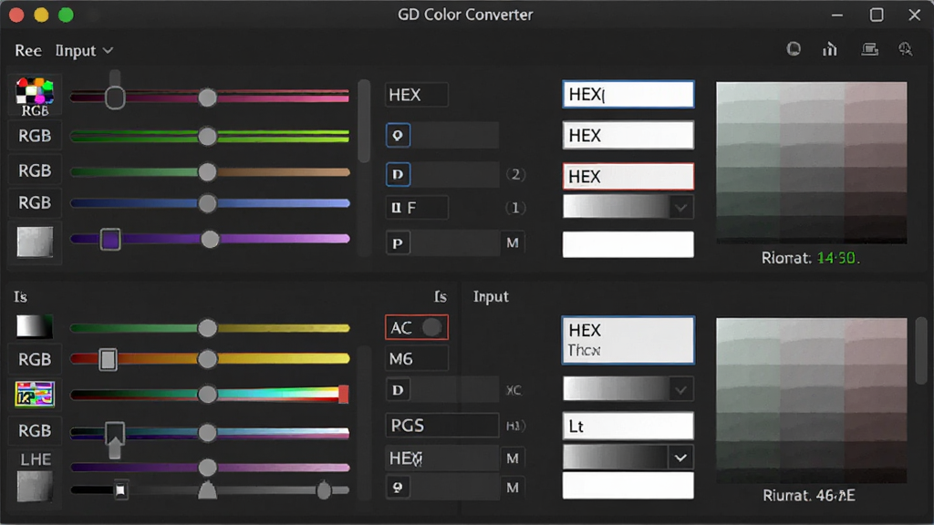һ��չʾ GD Color Converter ����ɫģ��ת�����ܵ�ͼƬ������Ϊ���������ж����ɫ��ʽ��ֵͬ����ʾ�Ľ�ͼ������Ϊ�������е�����������ձ����Ű����룬���Ϊ�Ƽ�����ɫ���⣬ϸ�ڰ��� RGB ������HEX ������ʵʱɫ��Ԥ�������ʸ��壬�ɾ����޶���Ԫ��