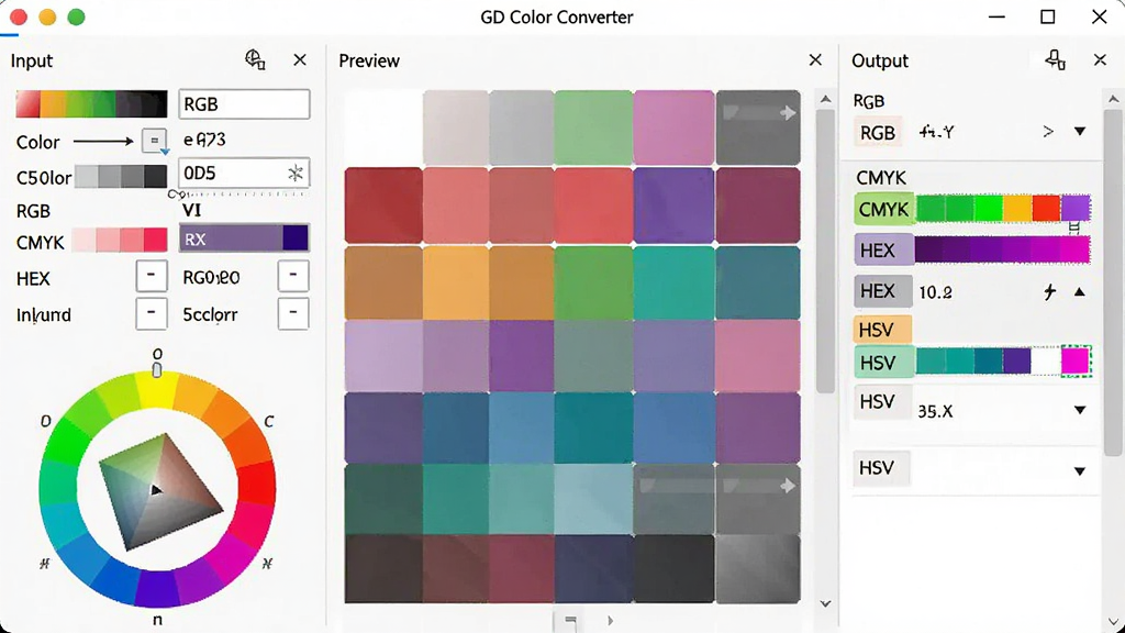 һ��չʾ GD Color Converter ���������ͼƬ������Ϊ���������ڣ����ְ��������ɫ���������м�ɫ��Ԥ�������Ҳ���ʽ����б����Ű������������Ϊ�ִ���ƽ����ƣ�ϸ�ڰ��� RGB��CMYK��HEX��HSV ����ֵ������ɫ�ֿؼ������ʸ��壬�ɾ����޶���Ԫ��