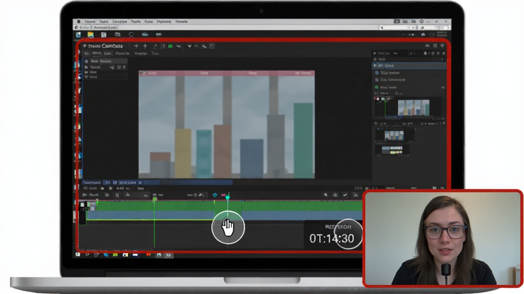 Camtasia ��Ļ¼�ƹ�����ʾͼ������Ϊһ̨�ʼǱ�������Ļ��ʾ Camtasia ����¼�������������Ļ���½�����������ͷ���л�С���ڣ����ֳ���¼���еĺ�ɫ�߿���ʾ���Ű�Ϊ����չʾ���ϸ�ڰ�����������Ȧ��¼��ʱ����ʱ���������������ɾ��޶���Ԫ��