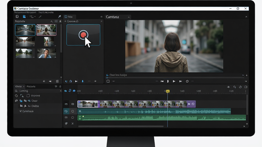 Camtasia ��������ȫòչʾ������Ϊ������Ļ�д򿪵� Camtasia ¼�������һ�廯����̨�����Ϊ�زĿ���¼�ƹ��������м�Ϊ��ƵԤ�����ڣ��·�Ϊ����ʱ����༭�������沼���������������Ű������ɫרҵ���⣬���Ϊ�ִ��Ƽ�����������ͼ��ϸ�ڰ����������ͣ��¼�ư�ť�ϡ�����Ϸֲ�����Ƶ����ƵƬ�Σ����ʸ��壬����ɾ����޶���Ԫ��