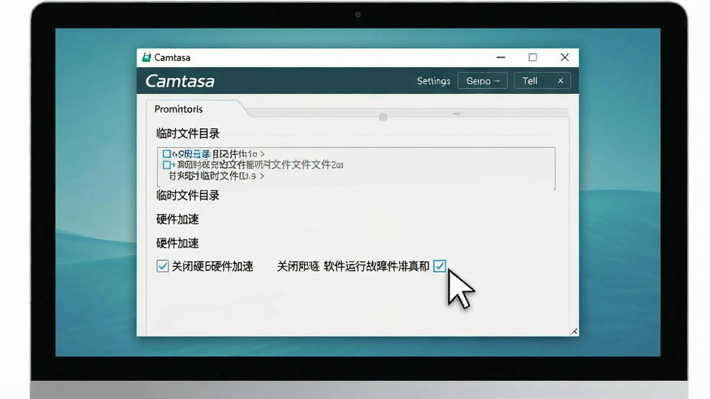 Camtasia �������й����Ų�ʾ��ͼ������Ϊ������Ļ����ʾ Camtasia ��ѡ�����ô��ڣ�����ͻ������ʱ�ļ�Ŀ¼���롰Ӳ�����١�ѡ��Ű�Ϊ�̳�ָ����񣬷�������ˣ�ϸ�ڰ������ָ��ָ��ر�Ӳ�����ٵĸ�ѡ�򣬻�������������ɾ����޶���Ԫ��