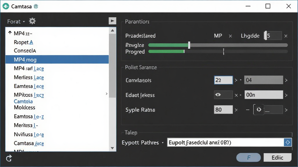 Camtasia ��Ƶ�������ô��ڣ�����Ϊ���������򵼽��棬�������Ϊ��ʽ�б����Ҳ�Ϊ�ֱ�����������������Ű����������Ϊ��������Ի���ϸ�ڰ��� MP4 ��ʽѡ�и�����������������·��ѡ��򣬻��ʸ��壬�ɾ��޶���Ԫ��
