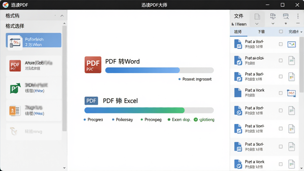 Ѹ��PDF��ʦ�������ܽ����ͼ����������չʾPDFתWord��PDFתExcel��ת�������������Ϊ��ʽѡ����壬�Ҳ�Ϊ�ļ��б������Ϊ��ˬ�칫�������棬ϸ�ڰ���ת��ͼ�ꡢ���Ȱٷֱȡ����״̬��ʾ�����ʸ��壬�ɾ����޶���Ԫ��