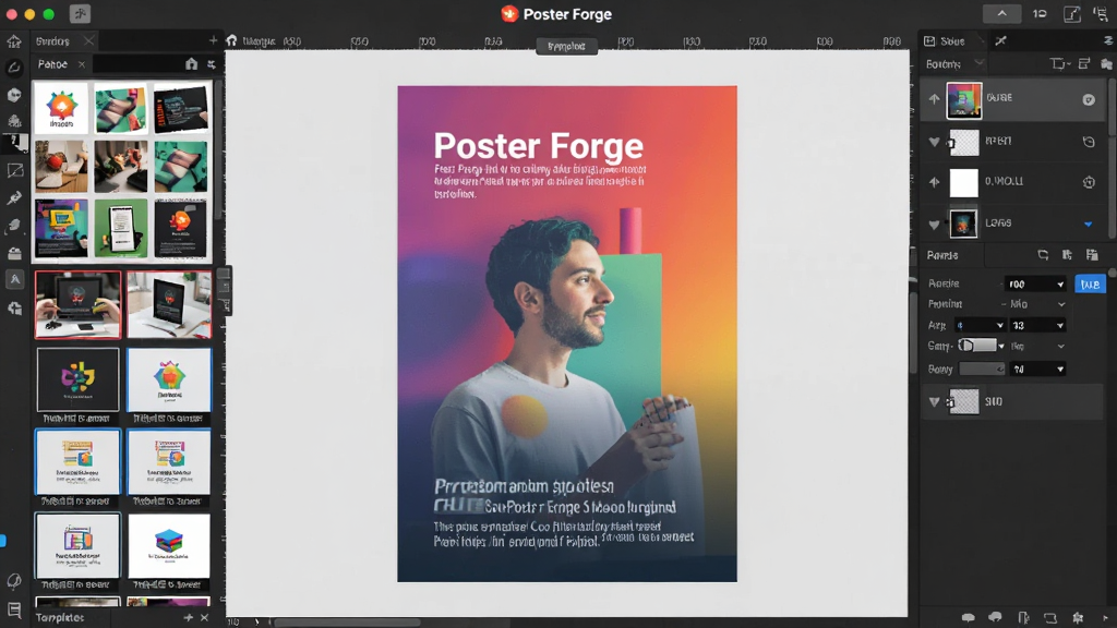 һ��չʾ Poster Forge ���������ȫ��ͼ���������������ڱ༭�Ĳ�ɫ��ҵ���������Ϊ�زĿ���ģ���б����Ҳ�Ϊͼ����������壬���岼������������ִ���࣬���ʸ��壬�ɾ��޶���Ԫ�أ�ͼƬ�����ֱ�ע ��Poster Forge��