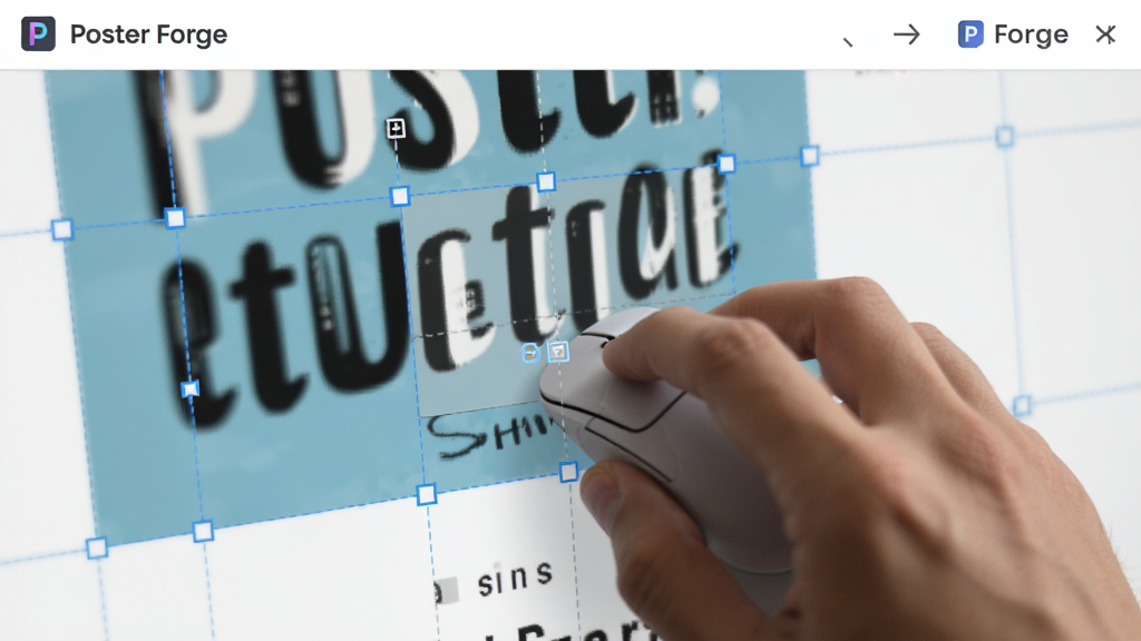 һ�� Poster Forge ��ק�༭�����ľֲ���дͼ��������һֻ����������϶������ϵ�����ͼ�㣬��Χ��ʾ���ܶ���ο��ߣ���������ˬ������ϸ�壬ͼƬ�д��� ��Poster Forge�� ��ʶ���ɾ��޶���Ԫ��
