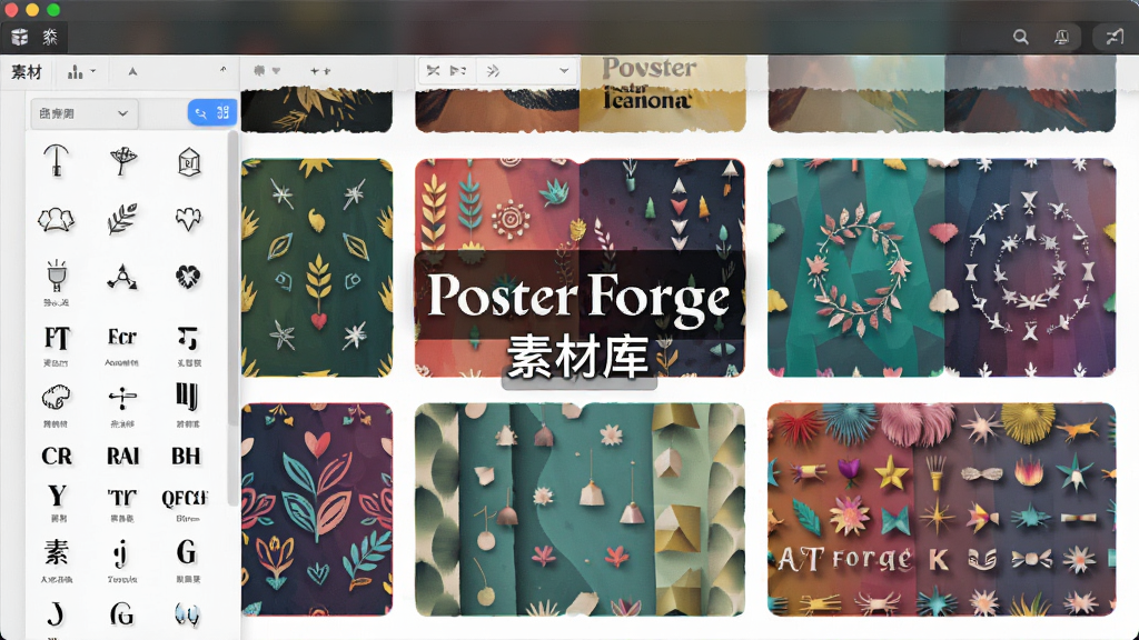 չʾ Poster Forge �ز�������ͼ�������а������ַ��ı���ͼƬ��װ��ͼ�Ρ�ͼ�������Ԥ����ɫ�ʷḻ���������򣬻��ʸ��壬ͼƬ�б�ע ��Poster Forge �زĿ⡱���ɾ��޶���Ԫ��