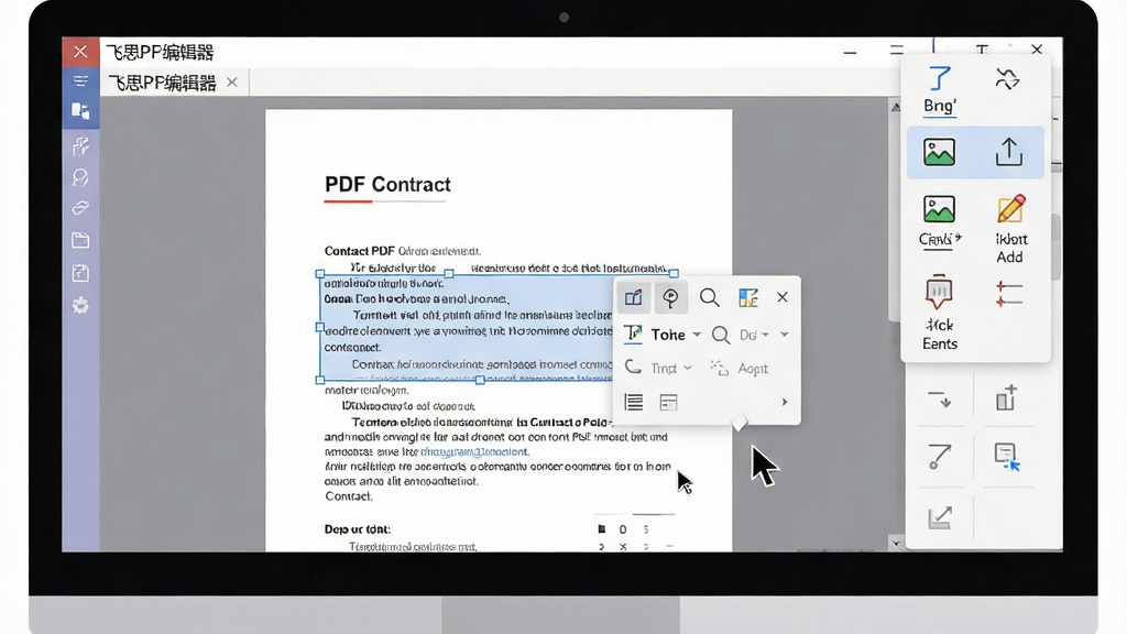 һ��չʾPDF�ĵ��༭���̵�ʾ��ͼ����������Ϊ������Ļ�ϵġ���˼PDF�༭�����������棬��Ļ������һ�ݴ򿪵�PDF��ͬ�ĵ����ĵ��в������ֱ�ѡ�в������༭���������Ա��й����˸�������Ҳ�չʾ�������е����ֱ༭��ͼƬ���롢��ע���ӵ�ͼ�꣬���岼�����������Ϊ��ƽ���칫�������棬��ɫ��ͣ�4K���ʣ��ɾ��޶���Ԫ��